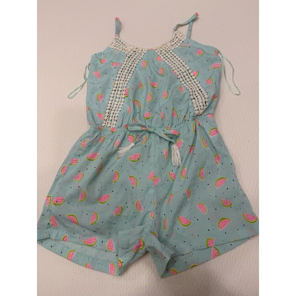 Japna Kids Girls Size 8 Watermelon Print Romper Blue Crochet Trim Summer
